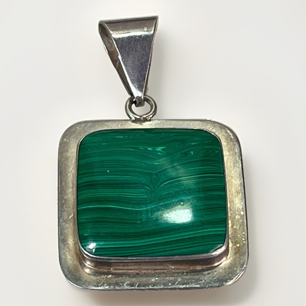 VTG TAXCO Mexico Sterling Silver Rectangle Malachite Statement Pendant 33.6g